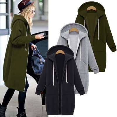 Autumn and Winter Women's European and American Hooded Long-Sleeved Mid-Length Sweatshirt Long Outwear Blue and White Zipper Link