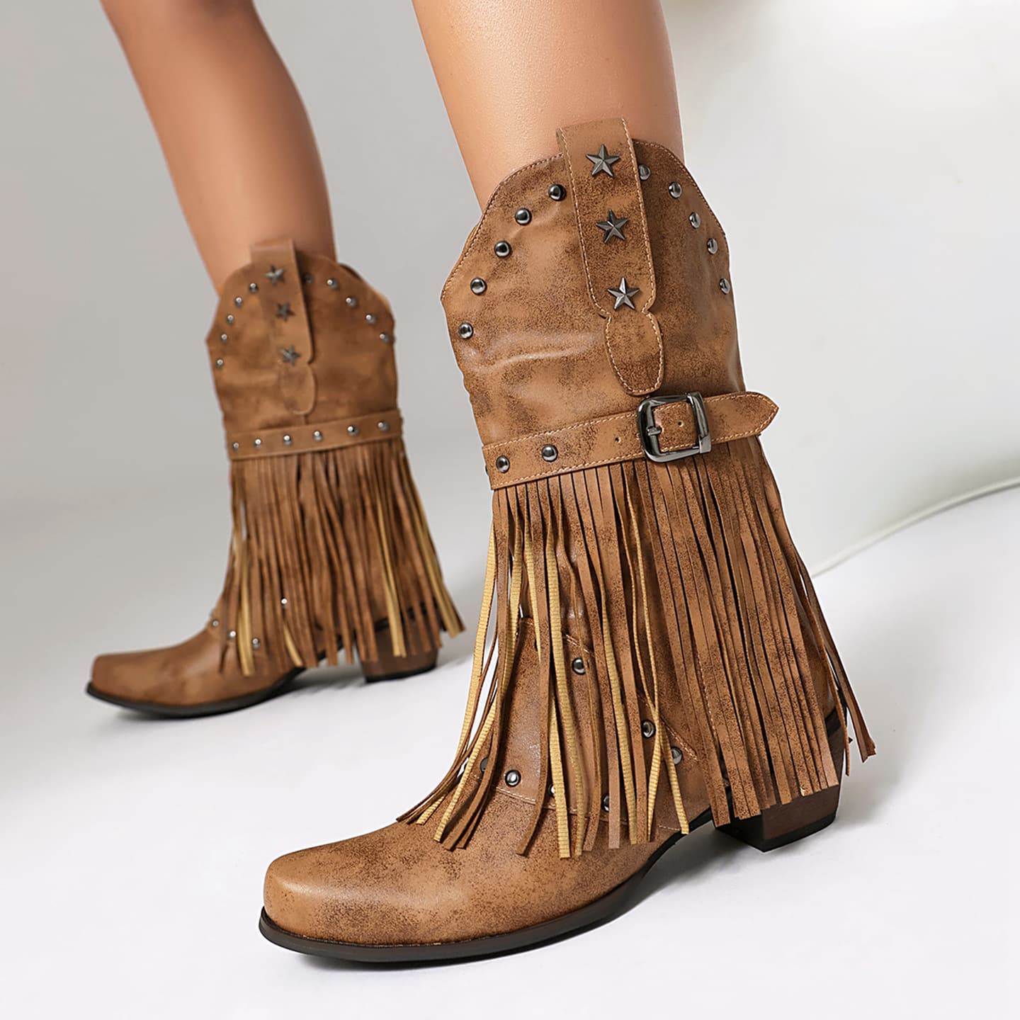 40-43 Large Size Export Boots, Pointed Toe, European and American Mid-Calf Boots, Belt Buckle Rivet Fashion Boots, Tassel Boots, Mid Heel Women's Boots