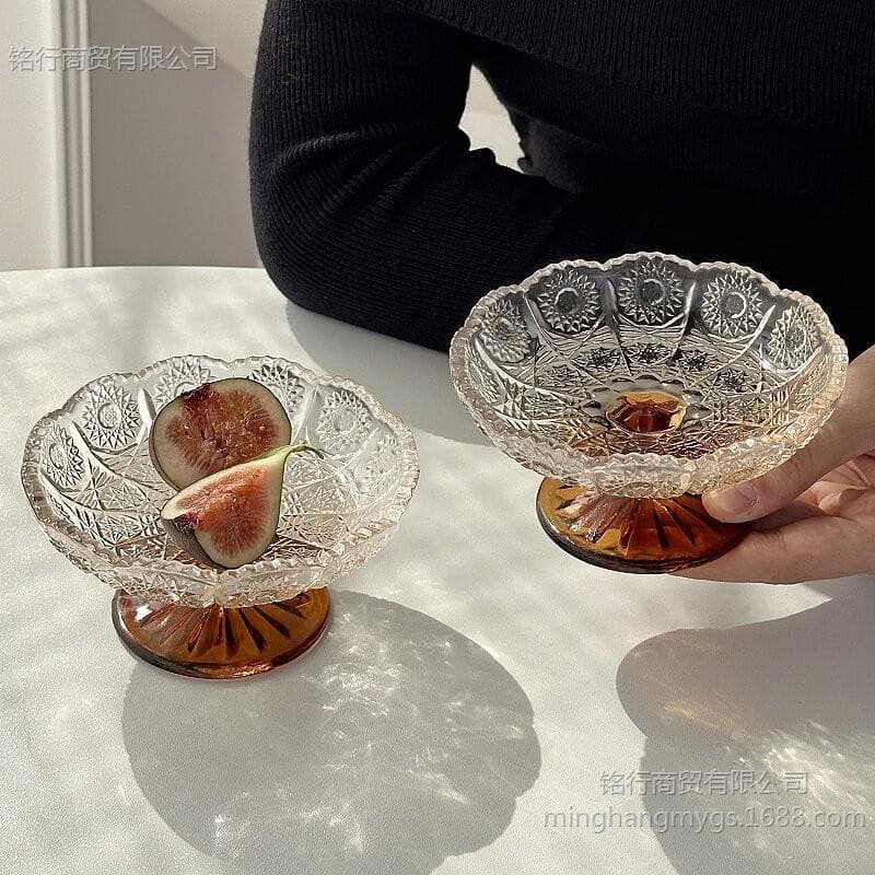 Amber Glass Stemmed Fruit Plate for Home, Creative Small Exquisite Dessert Pastry Snack Display Plate, Candy Dish
