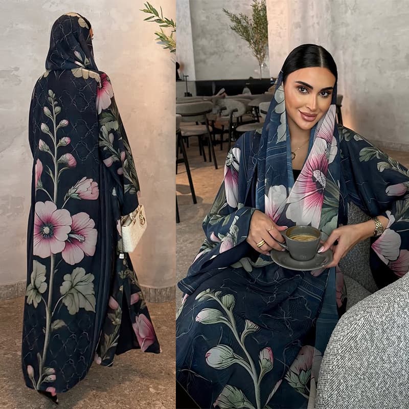 MQ239 Middle East Print Cardigan Headscarf Set Dubai New Arrival Women's Muslim Fashion Long Robe Cross-Border Clothing