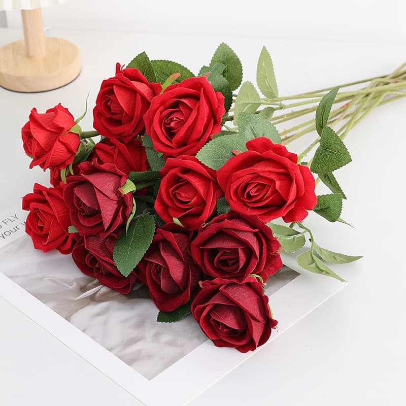 Single Stem Velvet Pearl Rose Artificial Flower for Home Wedding Decoration Red Fake Flower Silk Rose Lover Rose