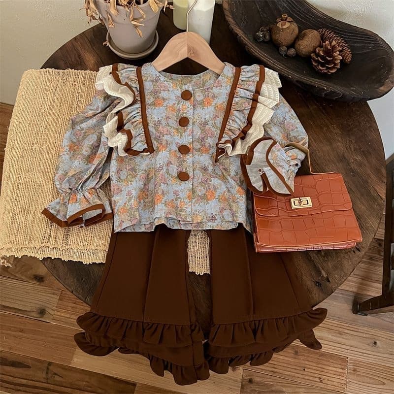 Girls' Autumn Suit New Style Fashionable Ruffled Retro Autumn Children's Flare Pants Autumn Internet Celebrity Suit