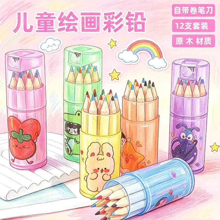 Children's 12-Color Colored Pencil Set with Built-in Sharpener, Natural Wood Colored Pencils, Kindergarten Elementary School Drawing Pens
