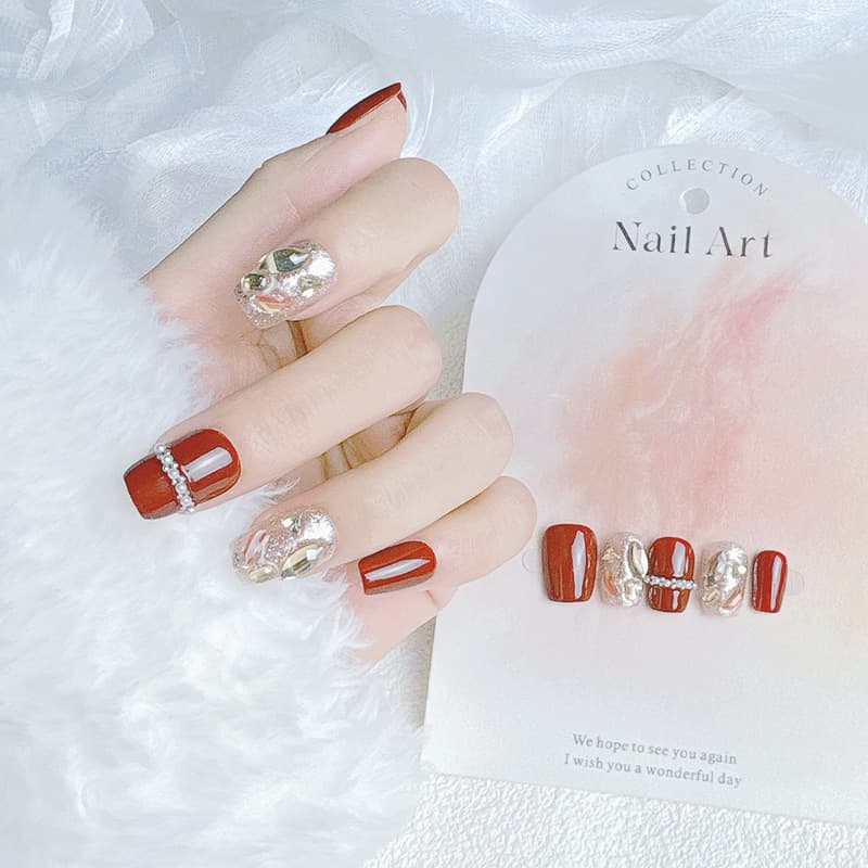 Handcrafted Press-On Nails, Red Rhinestone Finished Nails, Premium Long Style Fake Nail Tips