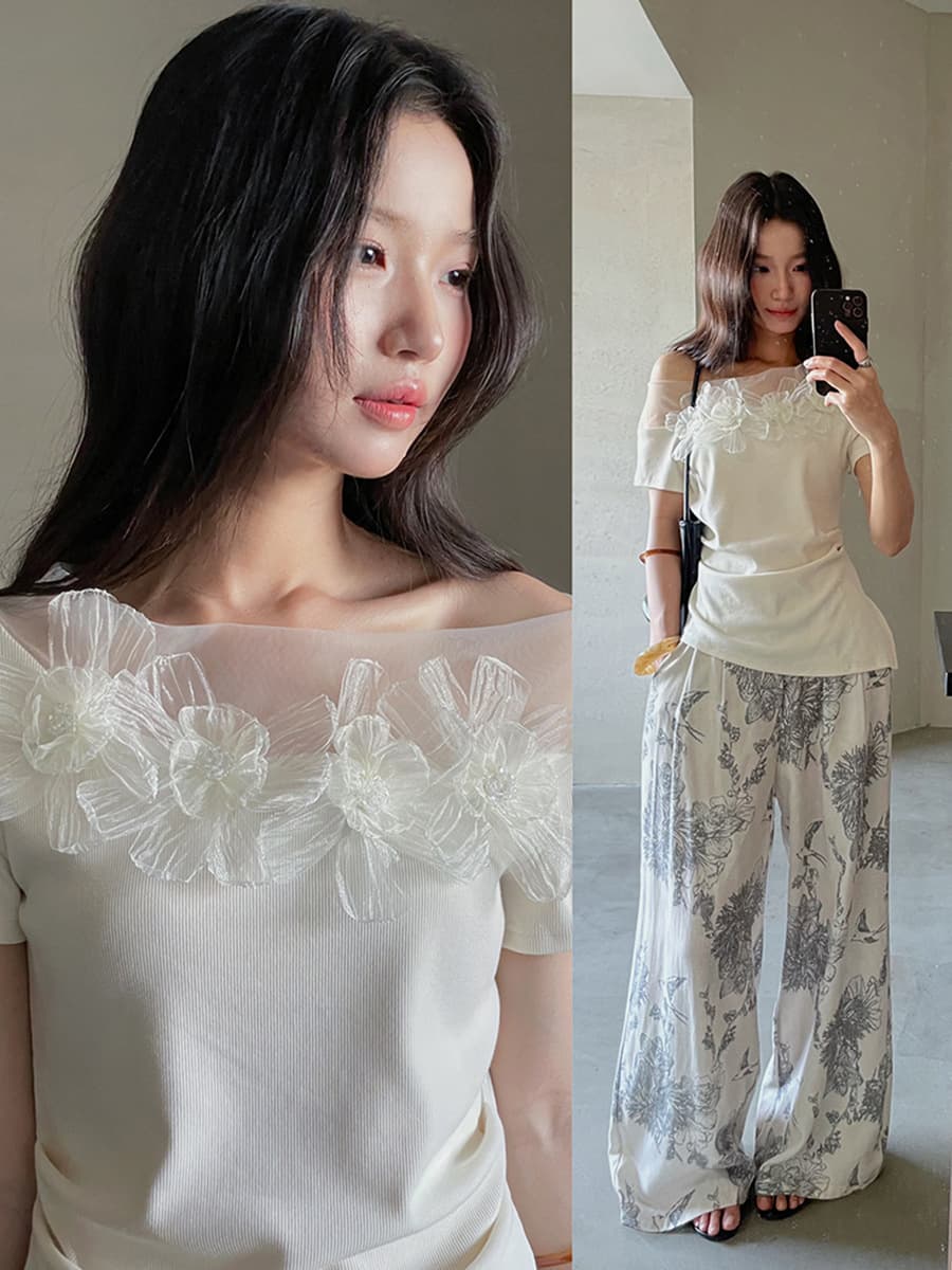 [Blossoms] Geming Apparel One-Shoulder Lace Trim Top Women's Summer Blouse Guangzhou Shisanhang N125C