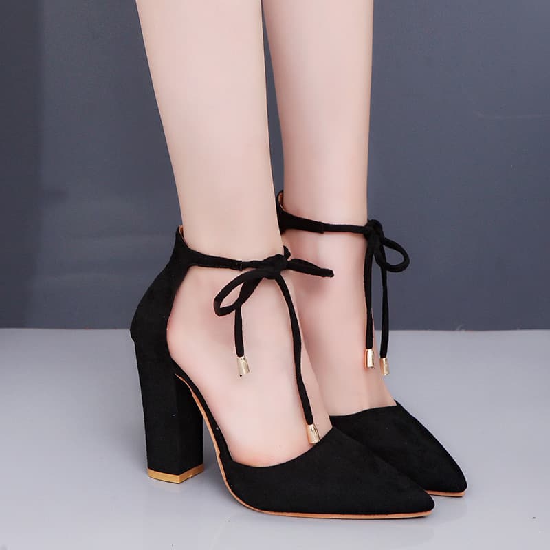 2023 New Wish European and American Plus Size Women's Shoes High Heel Chunky Heel Lace-up Pointed Toe Open Toe Sandals Women's Shoes In Stock