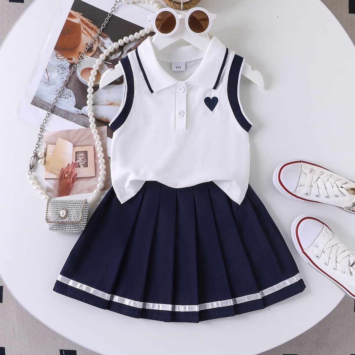 Girls Summer White Polo Vest with Pleated Skirt Two-Piece Set for Kids