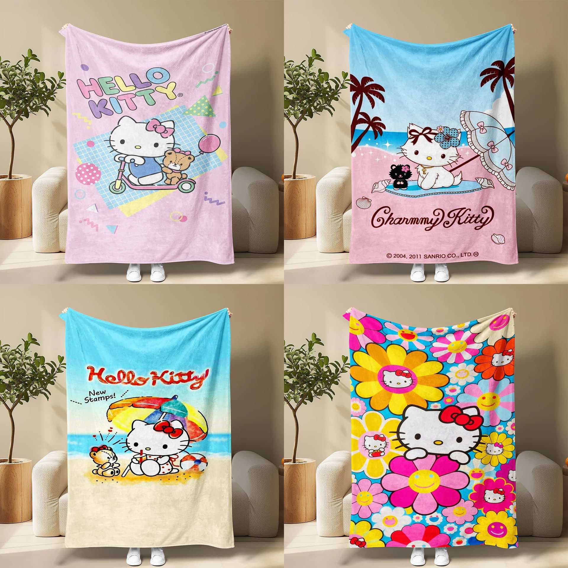 Hello Kitty Colorful Summer Cartoon Flannel Blanket Digital Print Throw Blanket Beach Towel All-Season Use