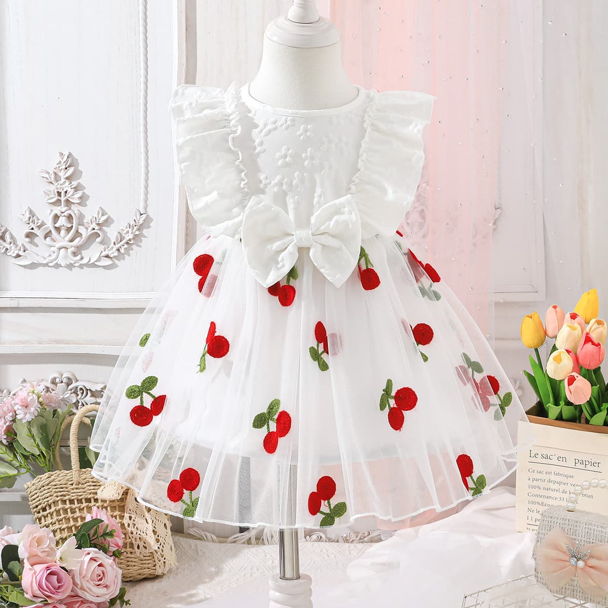 Cross-Border Summer New Sweet and Cute Princess Dress for Girls Aged 0-3, Bow-Decorated Cherry Mesh Dress