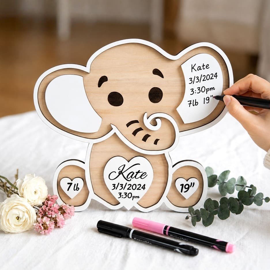 Wooden Elephant-Shaped Baby Name, Date, and Weight Record Newborn Birth Commemorative Plaque Ornament