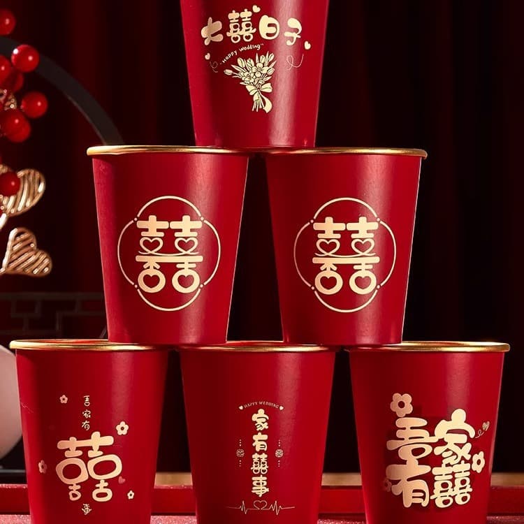 Disposable Wedding Paper Cups with Gold Foil, Thickened Red Tea Ceremony Cups for Home and Banquet