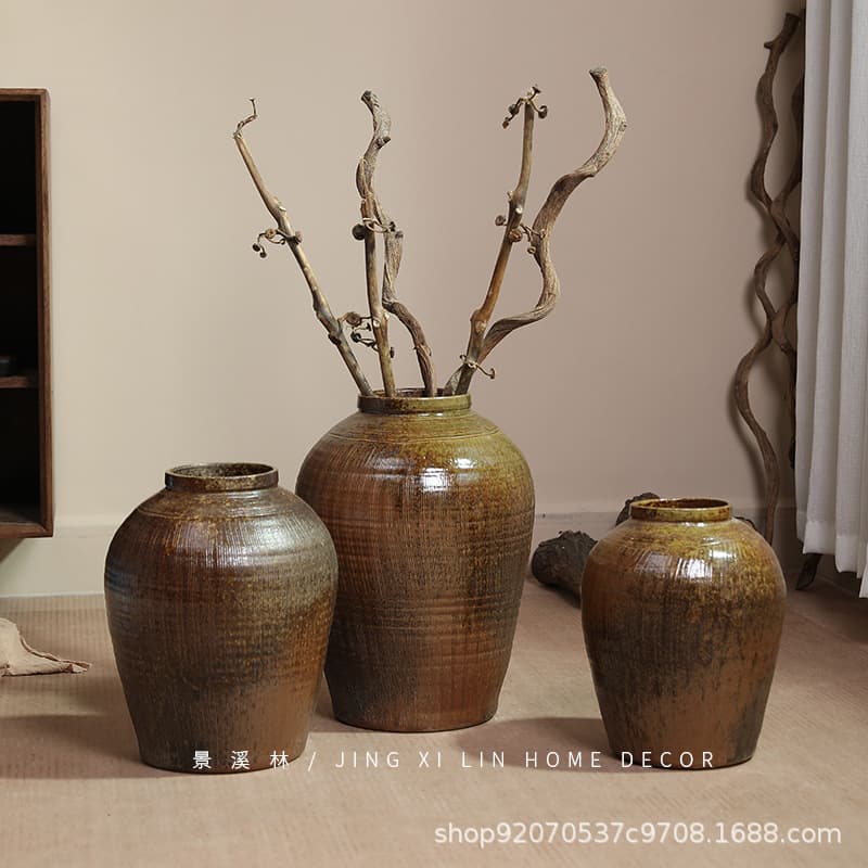 Jingdezhen Ceramic Vase Decoration Vintage Wabi-Sabi Style Old Pottery Vase Living Room Flower Arrangement Decoration Homestay Floor Ornament