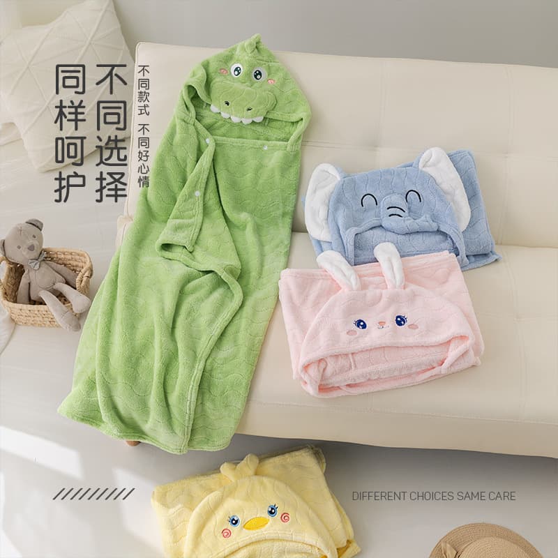 Baby Towel Cape Children's Bathrobe with Hood, Newborn Swaddle Cartoon Absorbent Coral Fleece Swimming Beach Towel