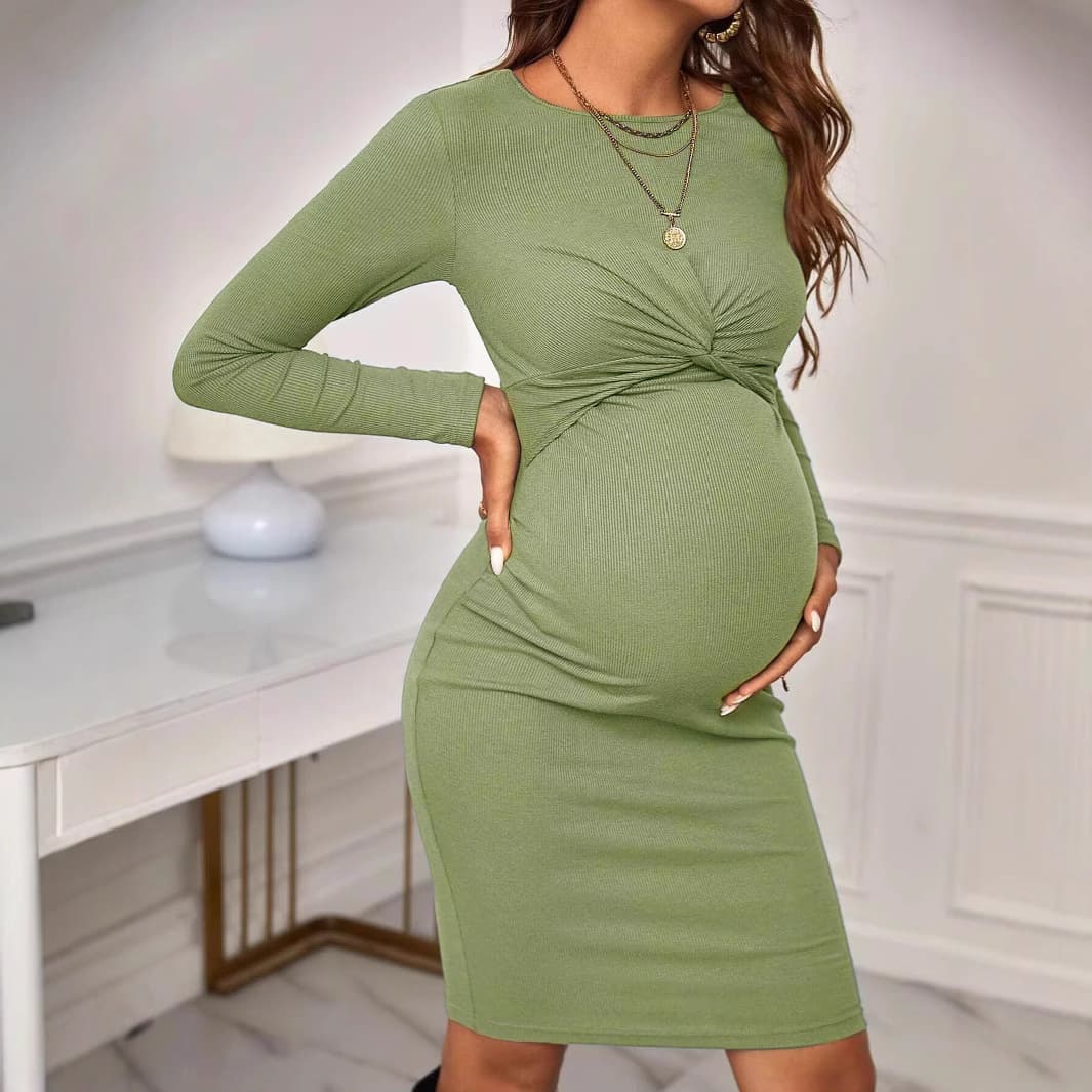 Cotton Maternity Dress Cross-border Europe and America Export Long Sleeve Maternity Dress Elegant Twist Slim Fit Maternity Dress