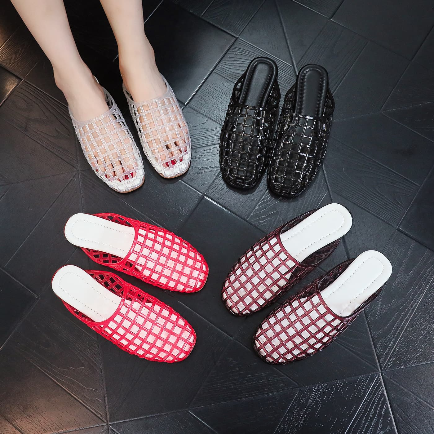 French Mesh Plastic Slippers Flats Women's Shoes 2025 New Summer Mesh Breathable Flats Half Slippers