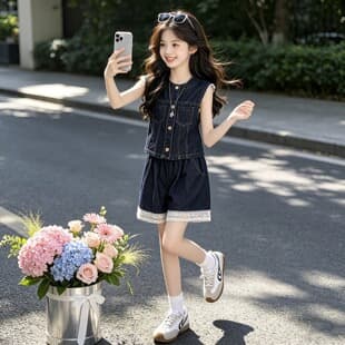 Girls' Denim Set Summer 2026 New: Children's Lace-Trim Shorts, Thin Fabric Two-Piece Trendy Outfit for Girls