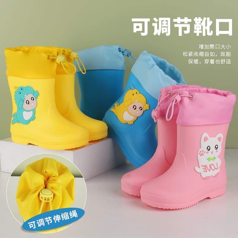 Cartoon Children's Rain Boots, Adorable Dinosaur Design with Elastic Top, Mid-calf Anti-slip Rain Boots for Kindergarten and Elementary School