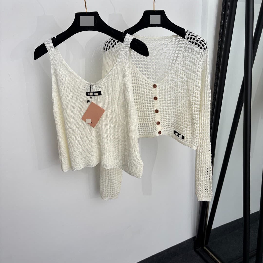 New Set Logo Letter V-Neck Cutout Long-Sleeve Knitted Cardigan Top + Cutout Knitted Camisole Vest
