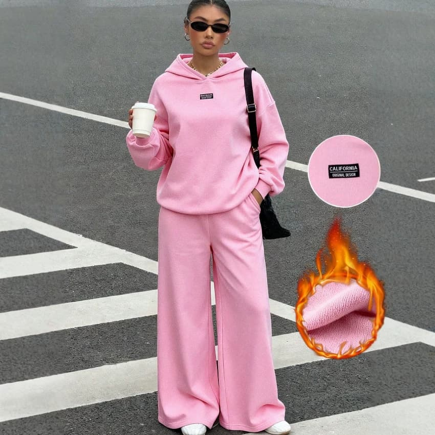Cross-border Europe/US 2026 Fall/Winter New Pink Fleece-Lined Sports Knit Set: Pullover and Wide-Leg Pants Two-Piece