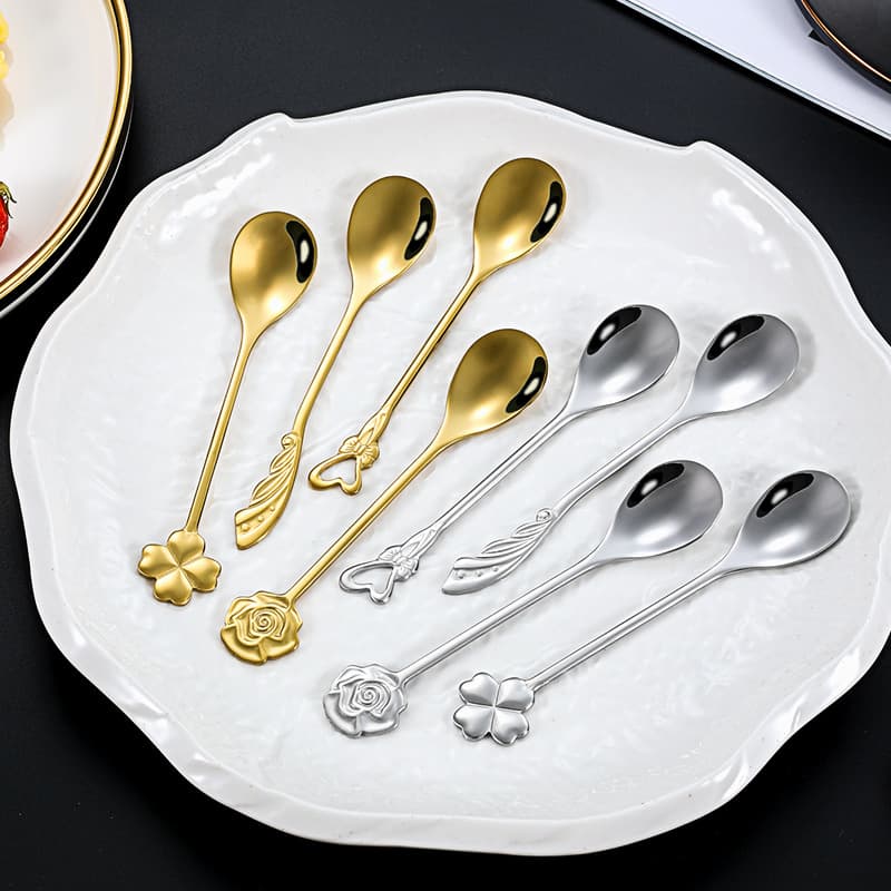 304 stainless steel coffee spoon with gold finish, dessert spoon featuring cute wings, hearts, clovers, and roses