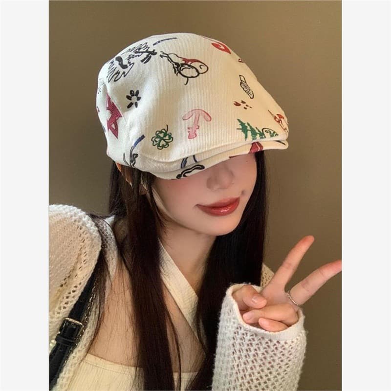 Japanese Graffiti Forward Cap for Women Spring/Summer Korean Versatile Large Head Circumference Beret Slimming Face Painter Hat