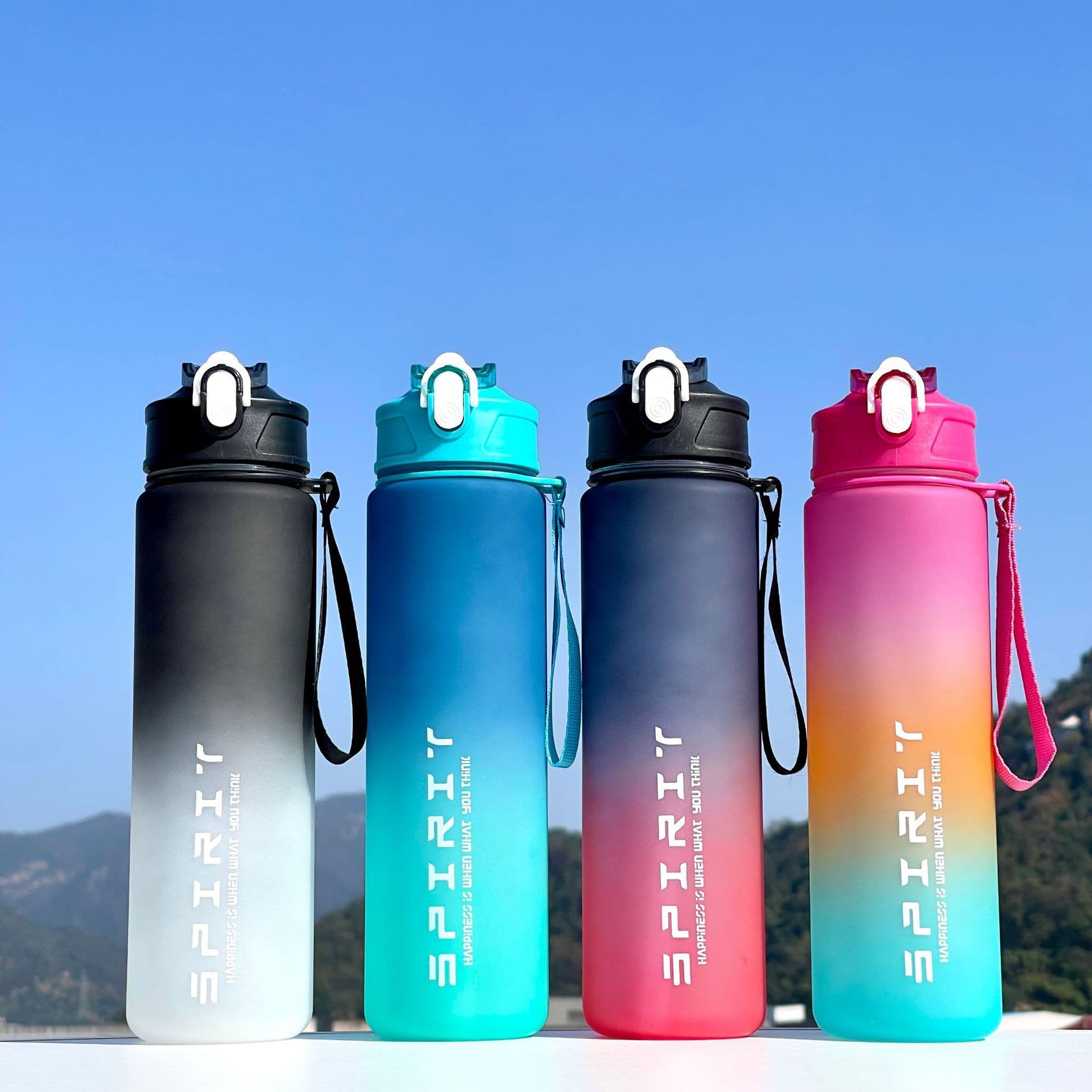 Cross-border Gradient Frosted Sports Water Bottle with Carrying Strap, Portable Fitness Water Bottle 800ML with Straw, Space Cup