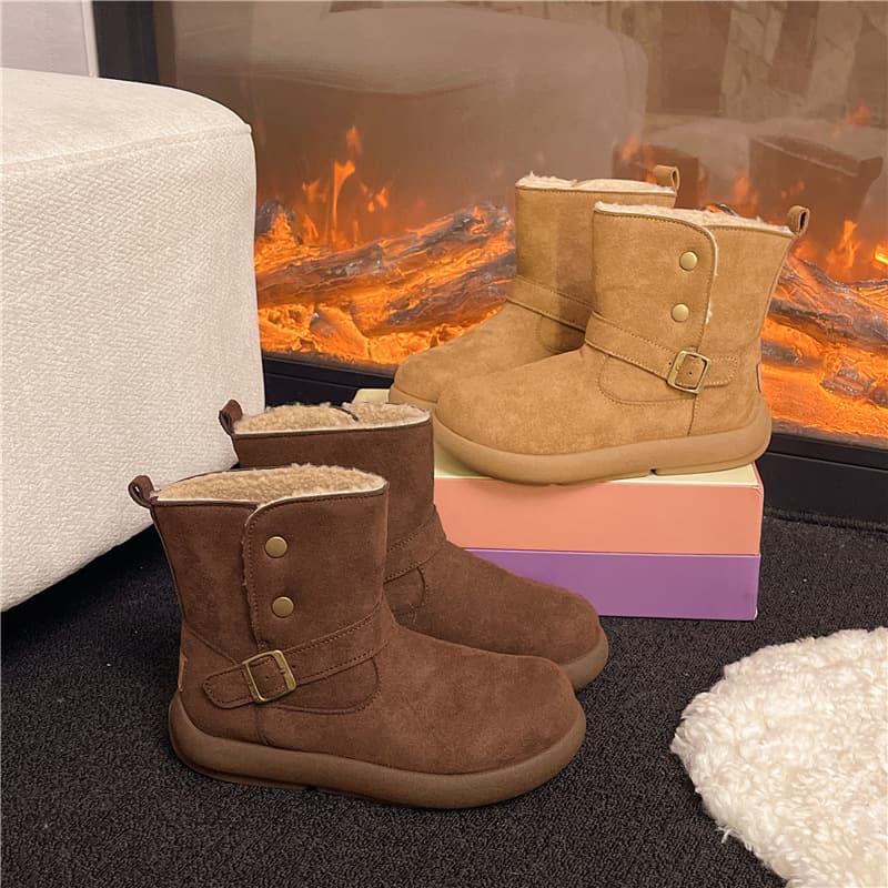 Flat Sole Retro Snow Boots Round Toe Short Boots Cotton Boots Birkenstock Suede Leather Western Brown Short Boots
