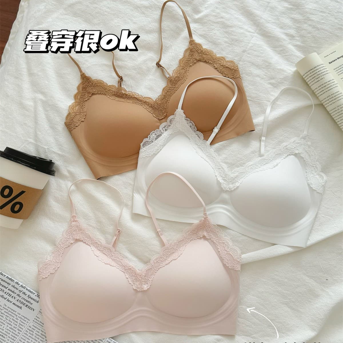 Comfort Lace Seamless Bra for Women, Thin Small Bust Push-Up, Jelly Strips Back-Enhancing Style, Thin Strap Bra