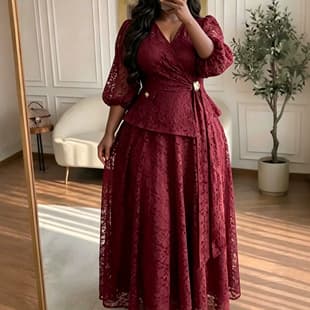 Plus Size Women's Wine Red Lace Two-Piece Illusion Dress, V-Neck Puff Sleeve Waist-Cinching Flared Church Maxi Dress