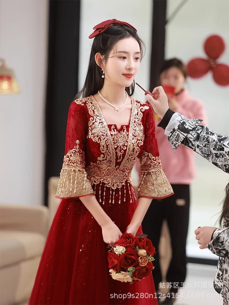 2026 New Chinese Wedding Toast Dress for Bride, Red High-End Gown, Winter Long-Sleeve Xiuhe Suit