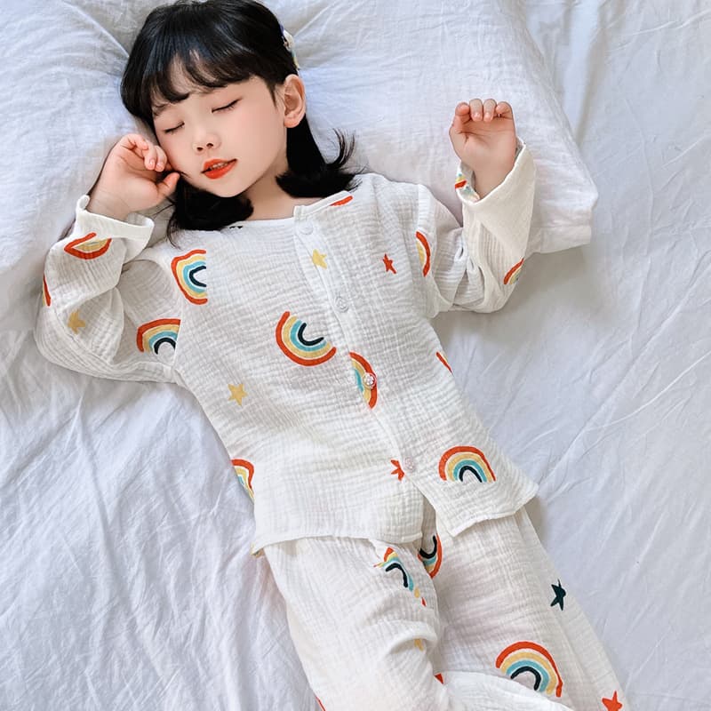 Kids Pajamas Girls Pure Cotton Long-Sleeve Thin Summer Rainbow Cartoon, Older Kids Stylish Casual Homewear Set