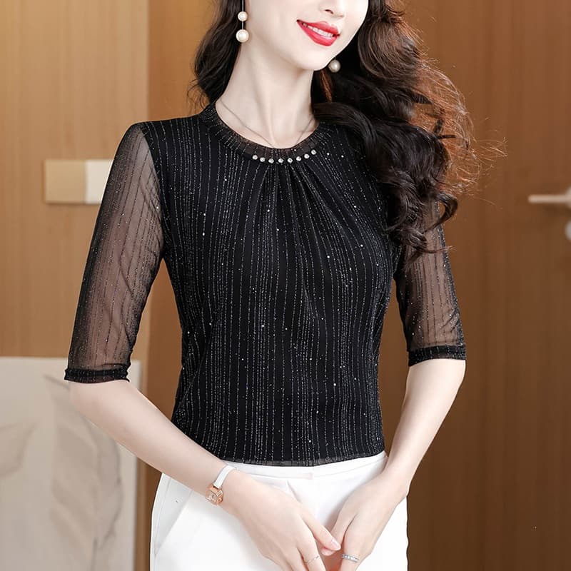 Spring New Base Layer Shirt, Elegant Slim Fit Versatile Fashion T-Shirt, Semi-Turtleneck Mid-Sleeve Top for Women, Other Brand