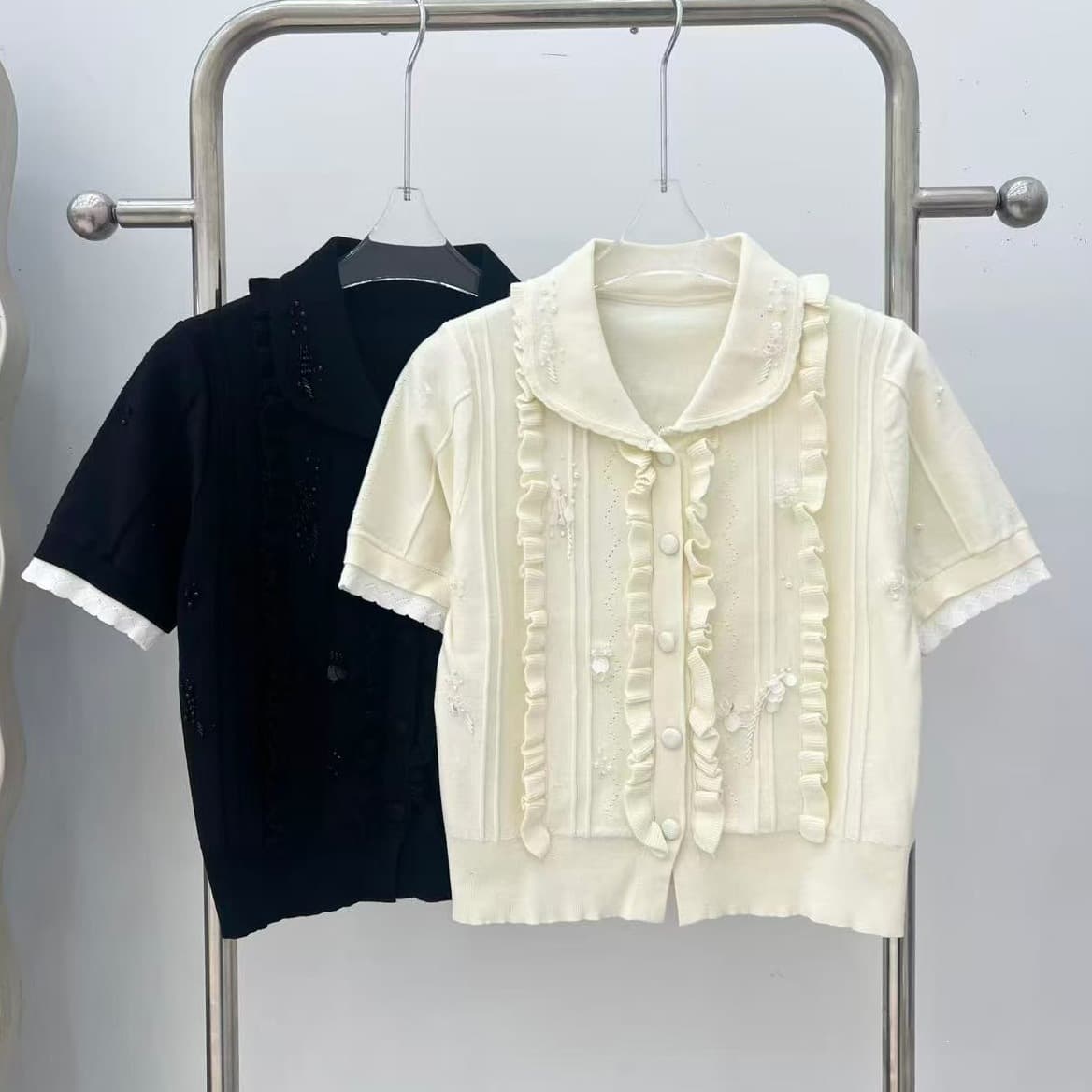 2026 Summer New Sequin Decorated Ruffle Baby Doll Collar Top Fashion Versatile Slim Knit Cardigan