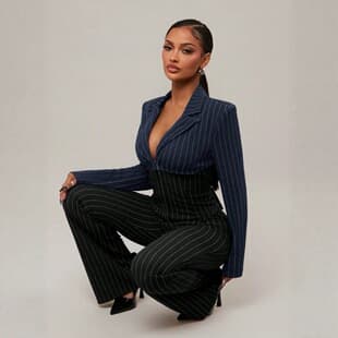 Color-Block Striped Blazer and Flared Pants Set for Women, Cross-Border Supply, Waist-Cinching Slimming Chic Two-Piece Set in Black