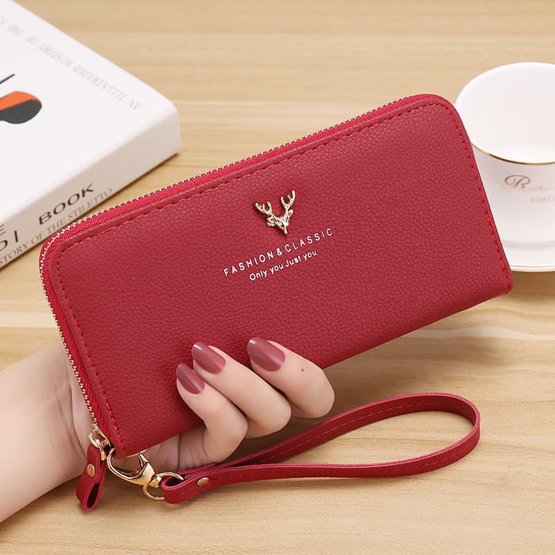 Large Capacity Women's Wallet Long Zipper Handheld Bag Multi-Card Slot Lychee Pattern Handbag Fashionable Retro Style Waterproof PU Leather