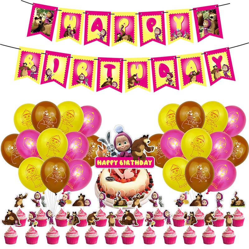 Amazon Masha and the Bear Anime Movie Party Theme Supplies Set Flag Insert Balloon Door Sign Candy Bag