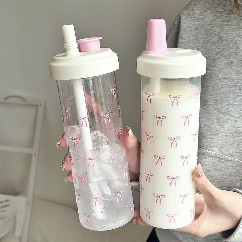 2026 New Bowknot Simple Plastic Cup Portable Straw Cup High Aesthetic Ins Style Travel Cup for Cross-border