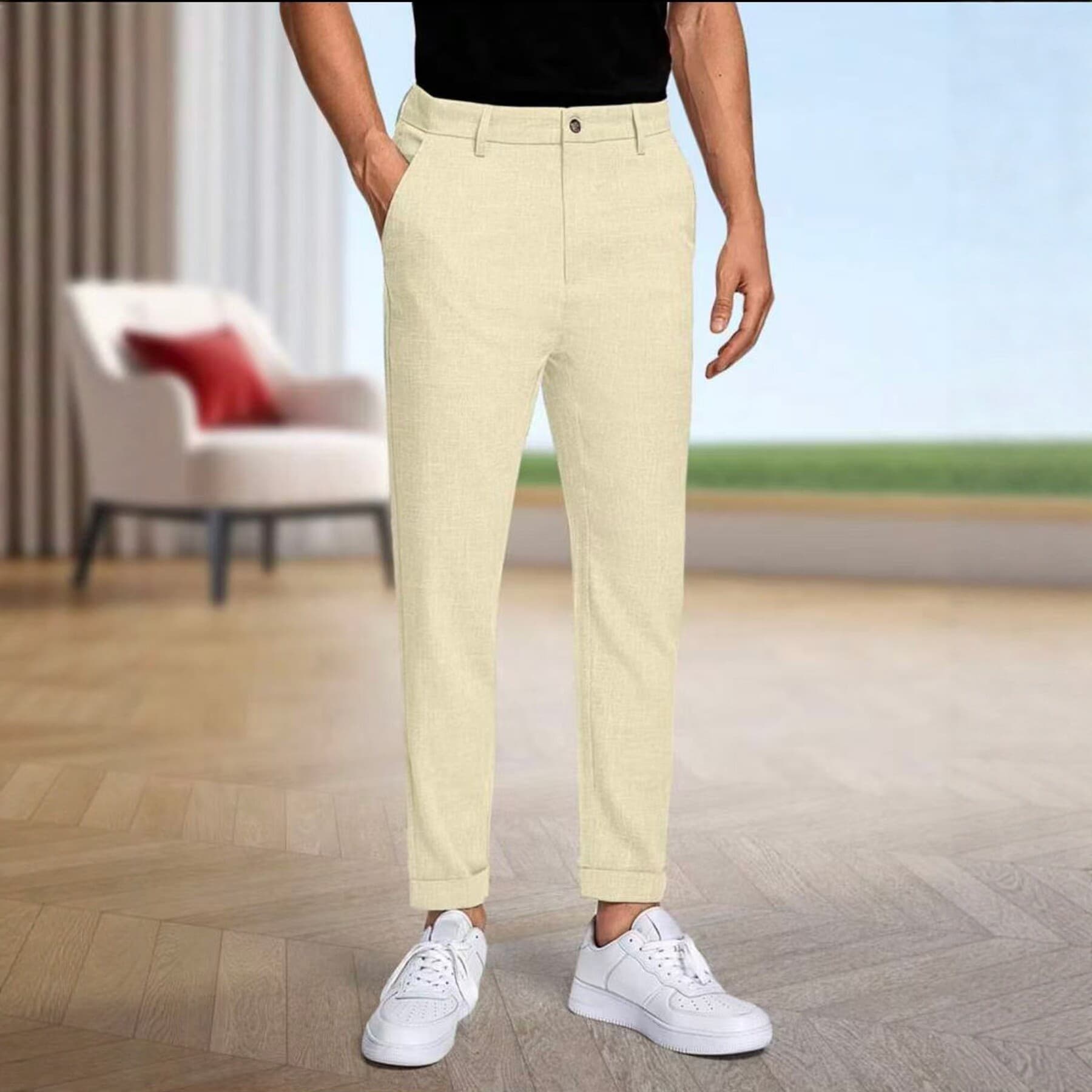 2026 Men's Summer Slim Fit Cropped Casual Pants Solid Color Business Straight Leg Trousers Trendy Versatile Men's Pants