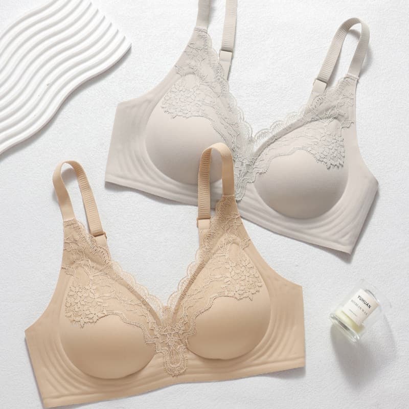 Jelly Stripe Lace Trim Wireless Push-up Bra, Soft Support, Sexy Back Design, Side Boob Control, Breathable