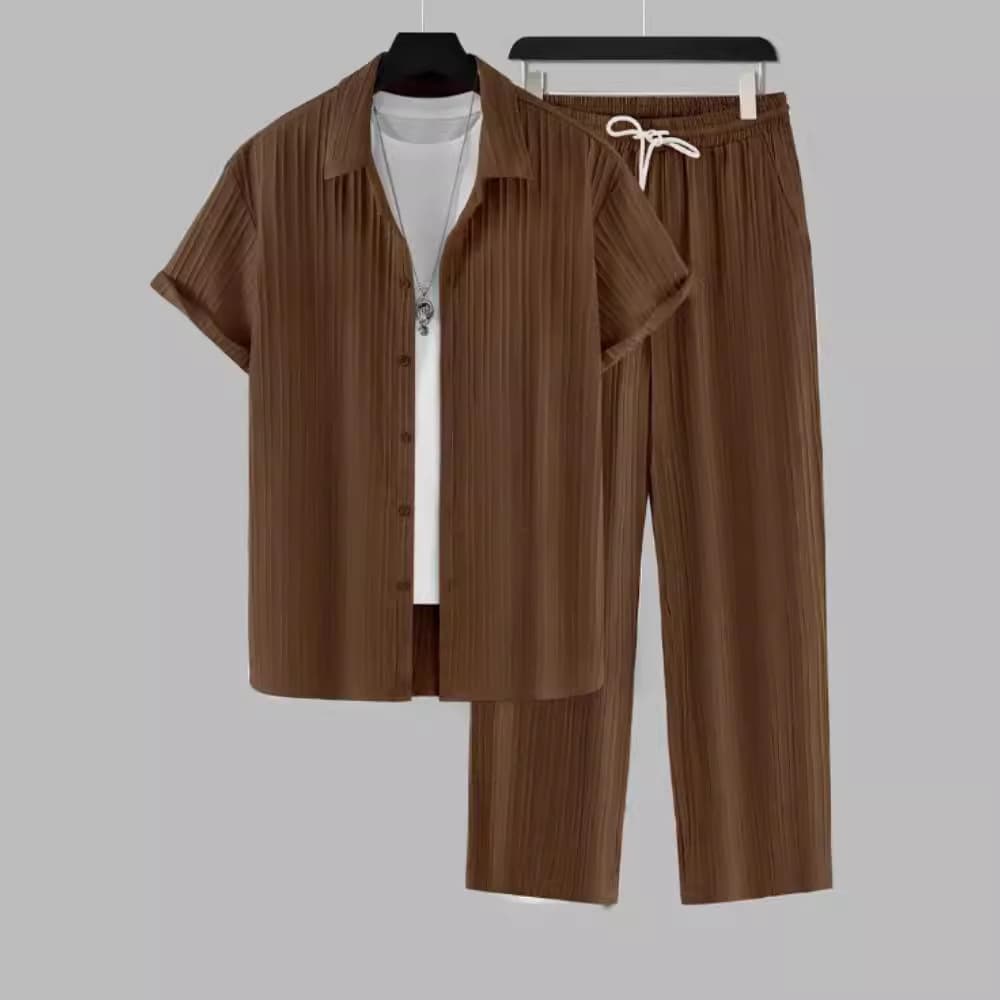 2025 Amazon Cross-border Foreign Trade Men's Striped Short-sleeve Shirt Button-down Lapel Drawstring Long Pants Set