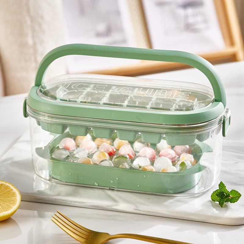 Ice cube tray, press-fit silicone ice ball, plastic portable ice maker with handle, ice cube container, portable.