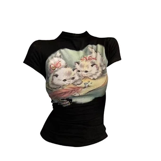 Plus Size Women's Clothing Hot Girl Cat Print Square Shoulder Short Sleeve T-Shirt for Women Summer Slimming Fitted Tight Top Black