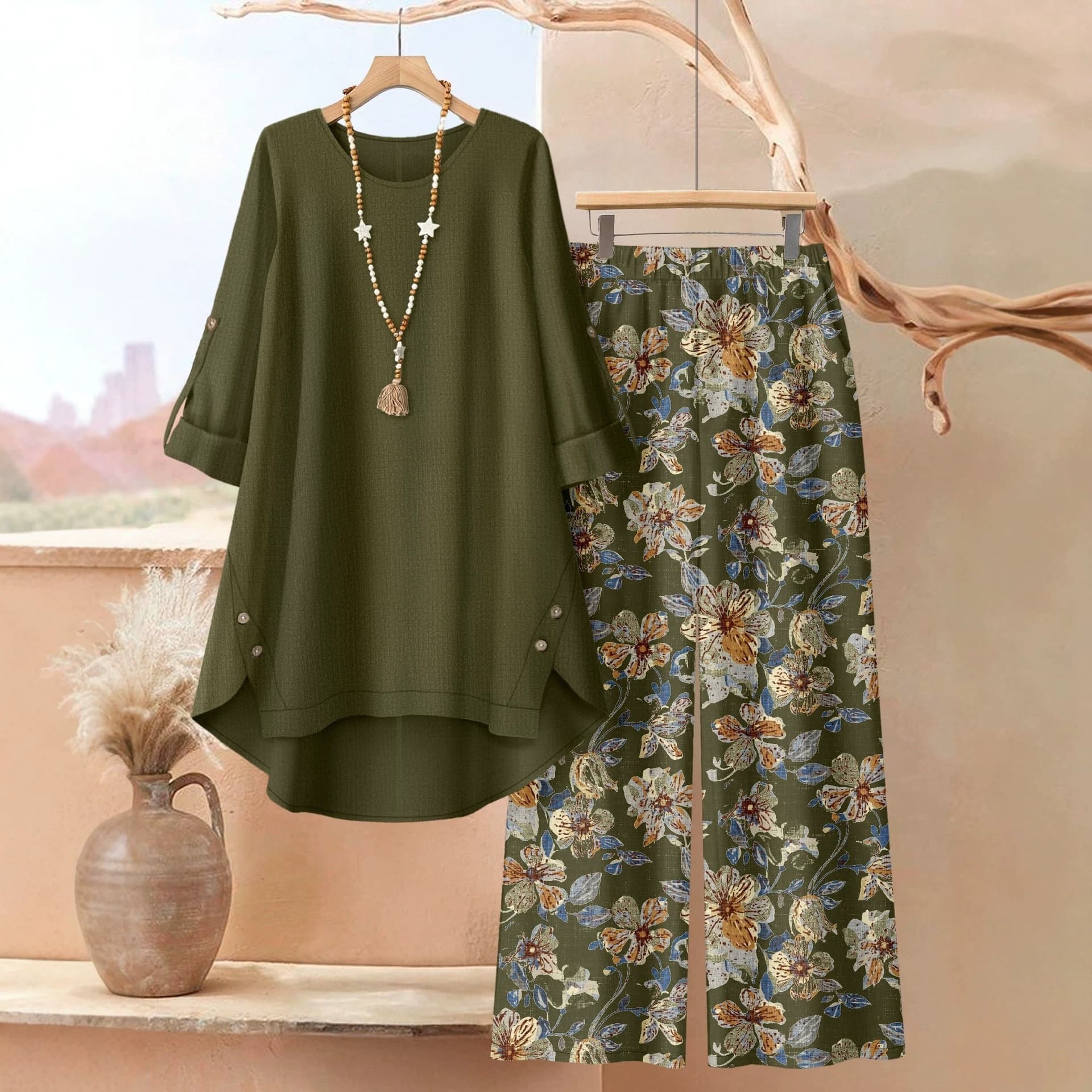 Cross-border Plus Size Women's Printed Mid-sleeve Top Floral Wide-leg Pants Casual Two-piece Set Multicolor Suit