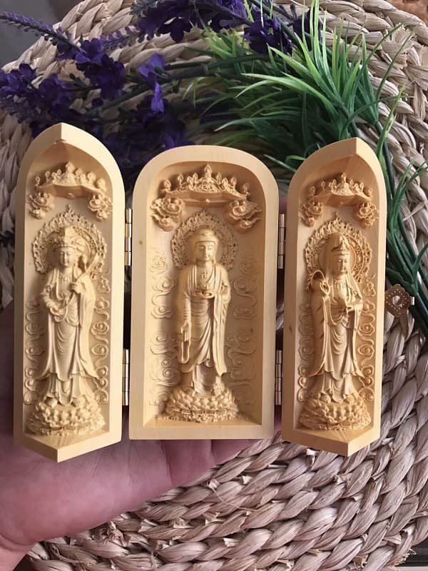 Boxwood Carved Buddha Statue Home Decoration Portable Shrine Guanyin Guan Gong Western Three Saints Three-Compartment Box