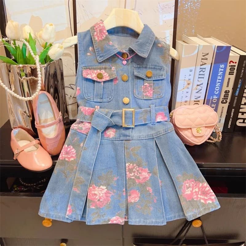Girls Korean Dress Summer 2025 New Fashion Children Stylish Sleeveless Princess Dress Little Girl Denim Dress