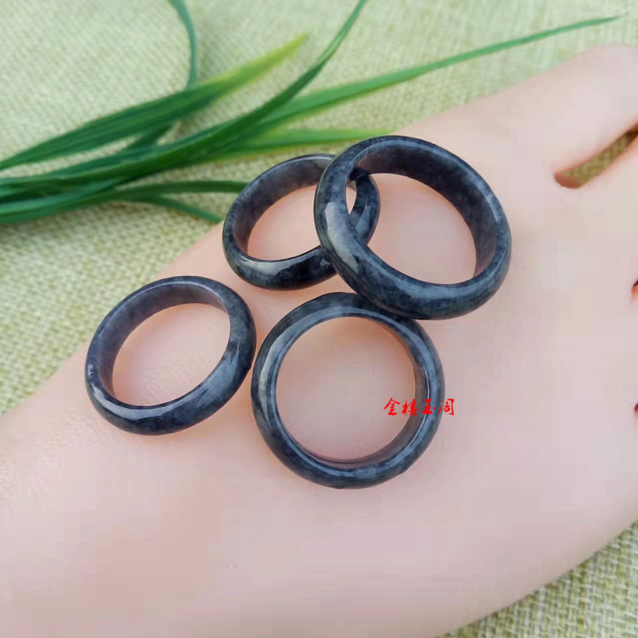 Jade Myanmar A goods black chicken jade ring men and women blue and white jade jade ring splash ink jade ring