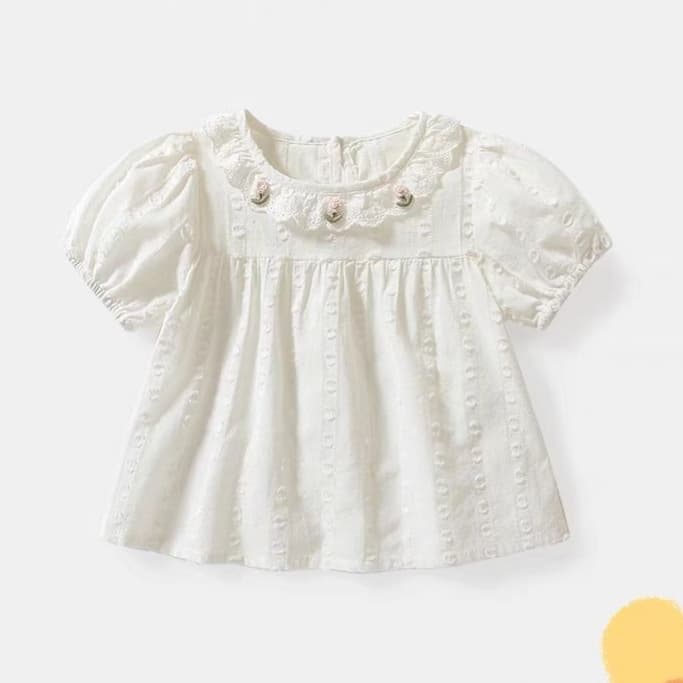 Girls Summer Shirt Baby Stylish Children Fashion Sweet Flower Lace Puff Sleeve White Blouse Doll Top