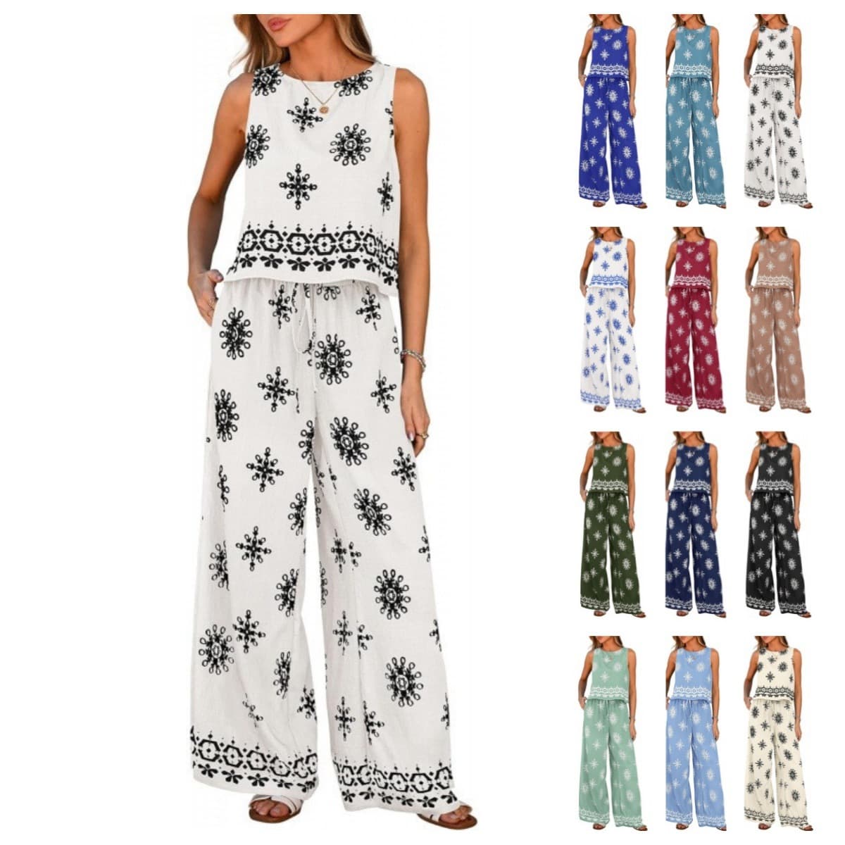 Vacation European and American Cross-Border Round Neck Vest Set with Drawstring Fashion High-Waist Flowing Wide-Leg Pants Two-Piece Bohemian