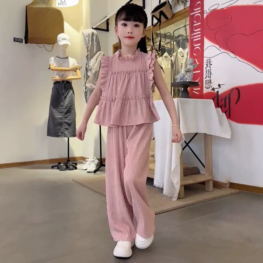 2026 summer new style children's anti-mosquito wide-leg pants casual two-piece set Korean style girls sleeveless suit summer wear