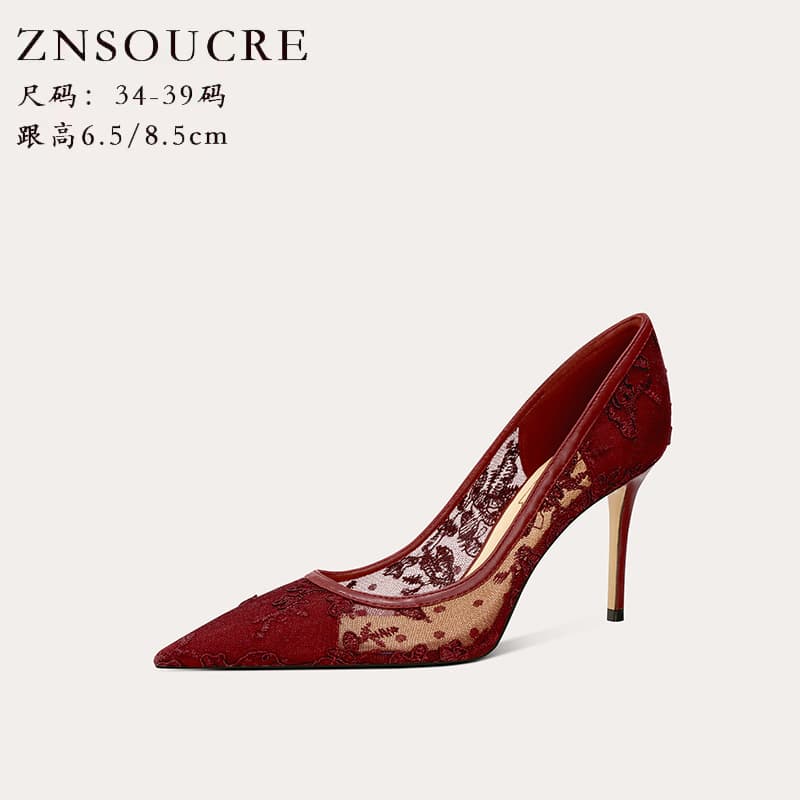 718-1 High Heel Women's 2025 New Summer Lace Breathable Hollow Out Trendy Fairy Pointed Toe Sheepskin Shallow Mouth Shoes